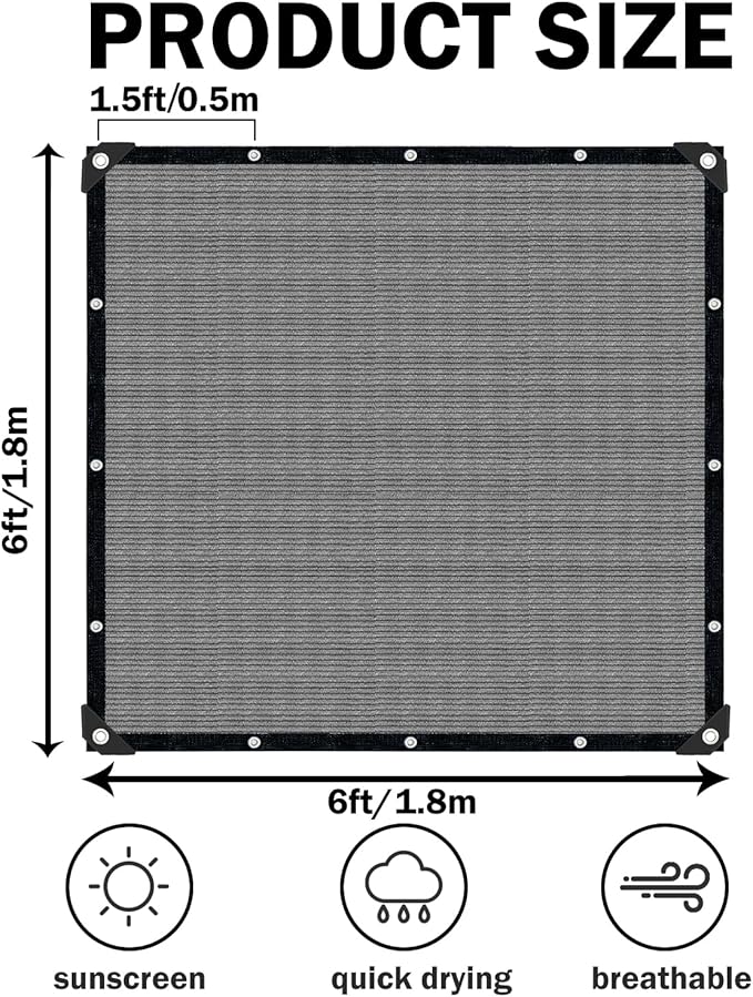 Grey Sun Shade Cloth,Pergola Shade Cover with Reinforced Grommets,90% Shade Fabric Fence Privacy Screen Balcony,Pergola Shade Cover Canopy Garden Carport Porch Deck Patio Shade Cover,6x6FT