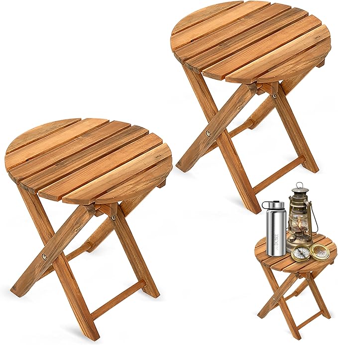 2PCs Folding Side Tables, Waterproof Patio Foldable End Table, Portable Side Table for Indoor and Outdoor Garden, Porch, Balcony, Camping, Fishing, Natural Color, Small Size 13 inch Height