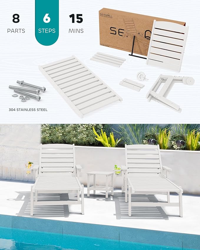 SERWALL Patio Chaise Lounge Chair Set of 8, 5 Positions Adjustable Poly Outdoor Lounge Chair for Pool, HDPE Lounge Chair with Rolling Wheels & Cup Holder for Poolside, Deck, White