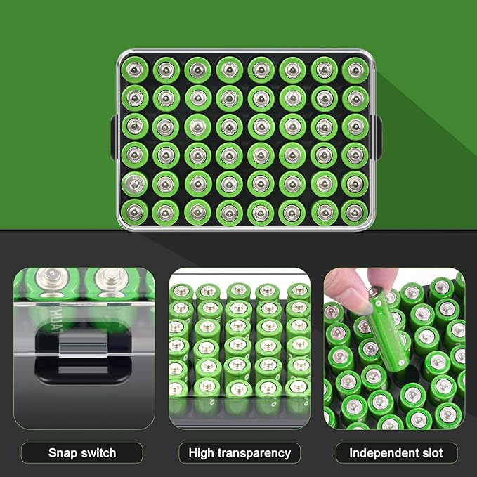 ALCYON Battery Organizer Storage Case, Small Battery Vault Box Container for 48pcs AA Batteries, Plastic Clear Protective Battery Holder for Travelling/Home/Office (Black, Large)