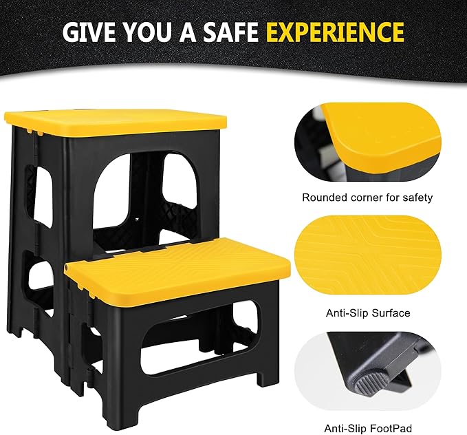 Folding 2-Step Stool, Non-Slip Portable Footstool 8" & 17" Dual Heights, Holds 250 lbs, Portable Footstool for Kitchen Home Toilet Bedroom Office Bathroom RV(Yellow)
