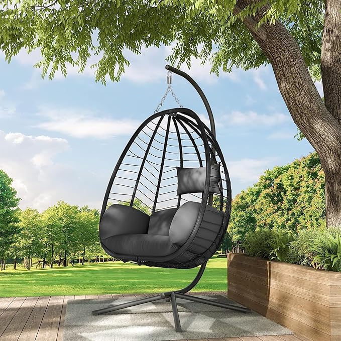 Hanging Egg Chair with Stand, Outdoor Indoor Egg Swing Chair with Cushion Headrest for Patio, Porch, Balcony, Bedroom, 350LBS Capacity (Black)