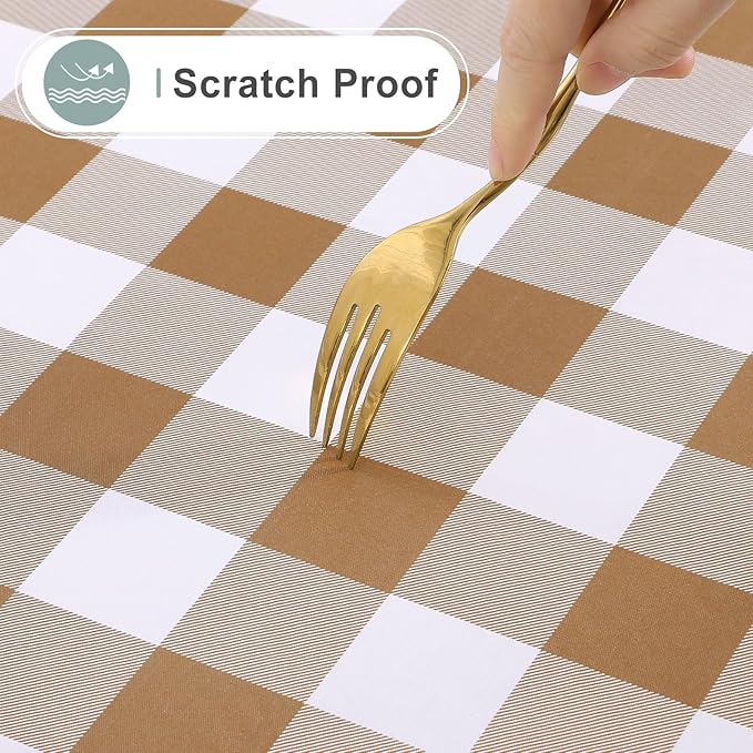 misaya Square Waterproof Vinyl Table Cloth, Buffalo Flannel Backed Tablecloth, Wipeable Plastic Table Cover for Dinner, Kitchen, Outdoor (60" x 60", Brown and White)