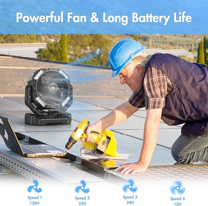 40000mAh Battery Powered Camping Fan - 136H Max Cooling, Rechargeable Battery Operated Oscillating Floor Fan with Charger, Remote & Hook, Portable for Tent Outdoor Patio Garage Hurricane Power Outage