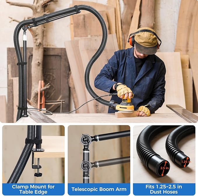 Dust Collection Boom Arm for CNC Router – Adjustable Clamp Mount Hose Holder for Desktop CNC Machines – Flexible Support Prevents Hose Sag, Improves Airflow & Keeps Work Area Clear