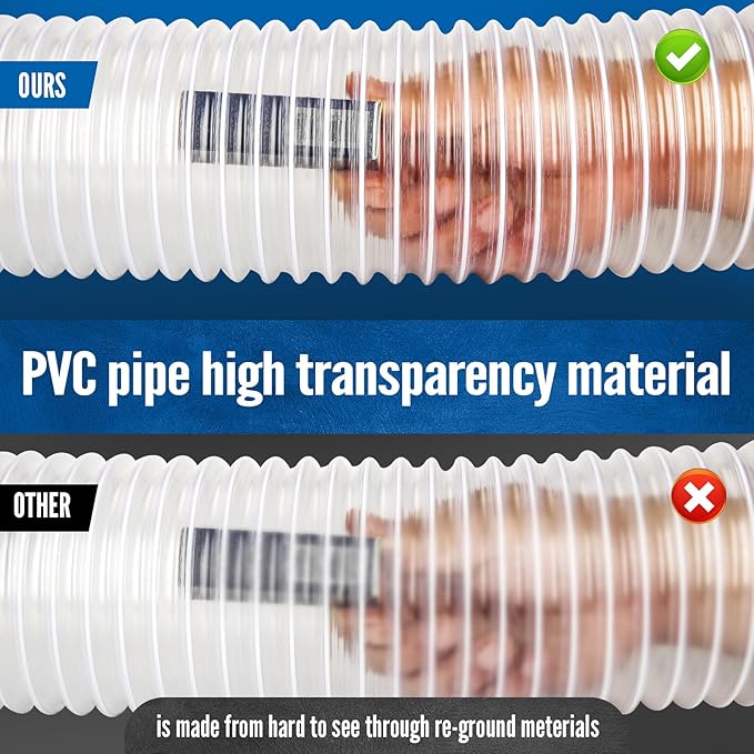 Heavy PVC 2 1/2" x 10' Dust Collection Hose,Flexible Clear Debris and Fume Collection Hose with Stainless Steel Clamps for Dust Collectors with 2 1/2" Ports, Ideal for Shop Vacuums