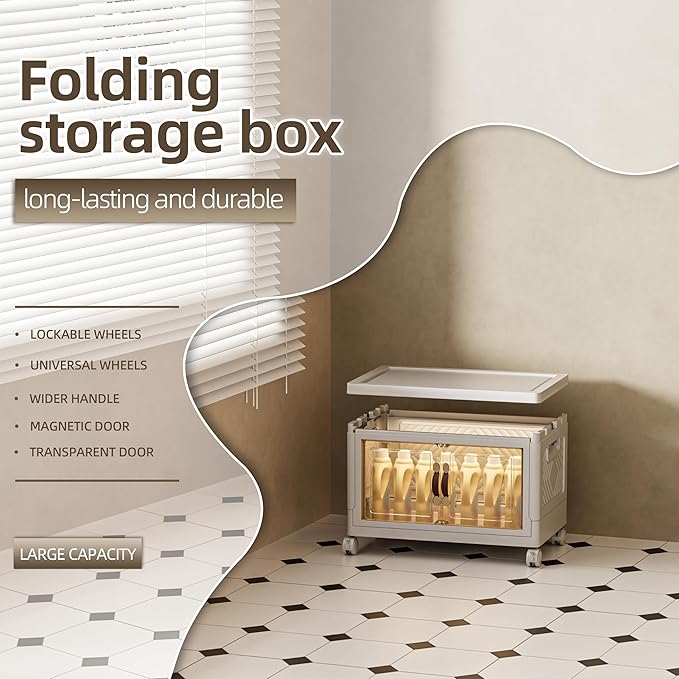 36 QT / 9 Gal Stackable Storage Bins (1 Lid) w/Wheels & Magnetic Doors, Collapsible Plastic Organizer Cabinet for Closet Office Garage - White Storage Containers