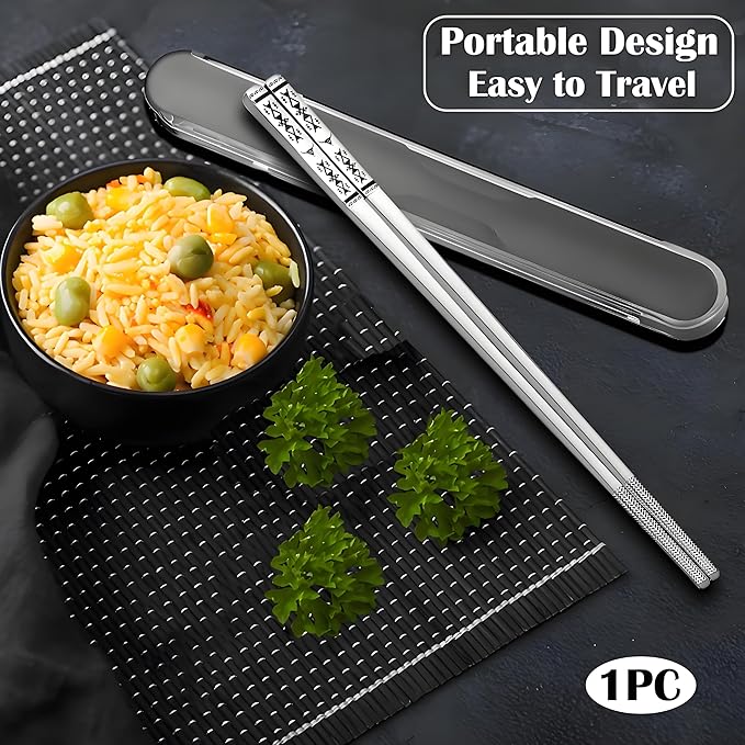Metal Chopsticks Reusable 1 Pair Stainless Steel Travel Chopsticks Dishwasher Safe Square Lightweight Non-Slip Chop Sticks with case(Silvery)
