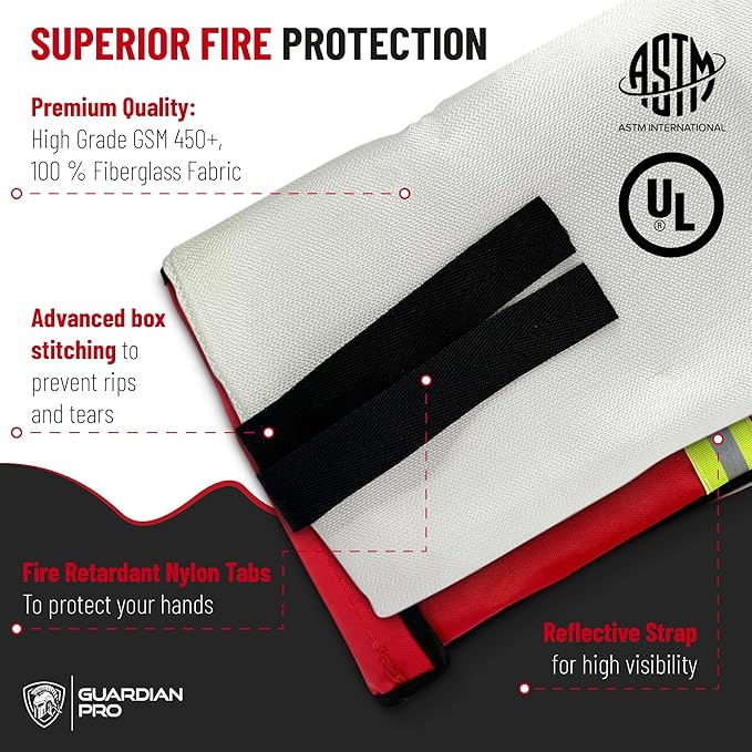 Guardian Pro New 2025 Emergency Fire Blanket for Home and Kitchen - 4 Pack Over 40"x40" Flame Suppression Fiberglass Fire Blankets for House Camping Car Office Warehouse Emergency Survival Safety