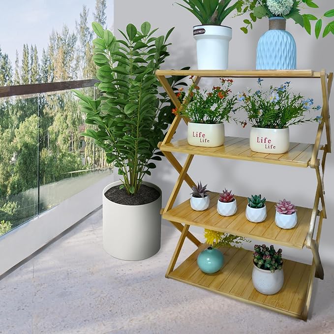 Foldable Bamboo Shelf, Folding Shoe Rack, Flower Rack, Camping Rack, No Installation Required, Portable, Space Saving, Multi-Purpose Storage Rack (Natural, 4 Tiers)