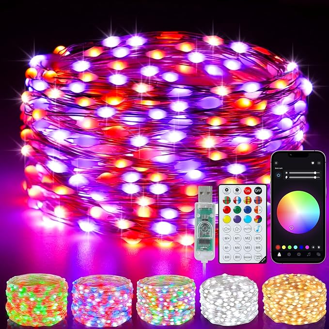 Smart Fairy Lights 33Ft 100 LED Twinkle String Lights with Remote & APP Control, Color Changing USB Christmas Tree Lights Music & Mic Sync for Halloween Bedroom Holiday Party Decor