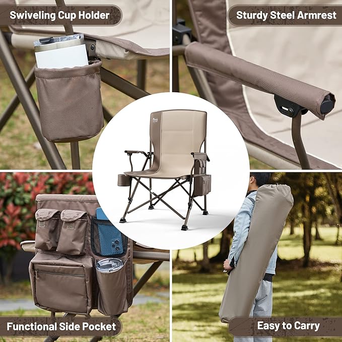 TIMBER RIDGE Oversized Folding Camping Chair High Back Heavy Duty for Adults Support up to 500lbs with Cup Holder, Side Pocket Cooler Bag