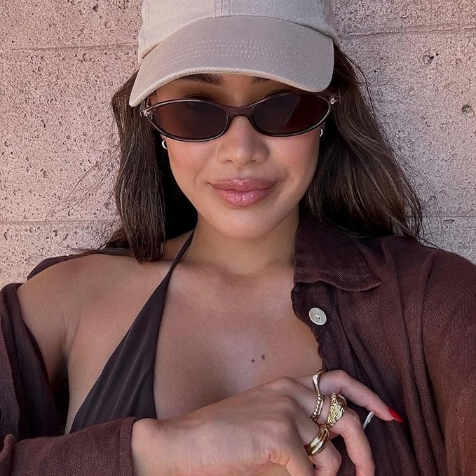 Retro Oval Sunglasses for Women Chic Cat Eye 90s Sunnies Lightweight Narrow Shades Trendy UV protection Sun Glasses