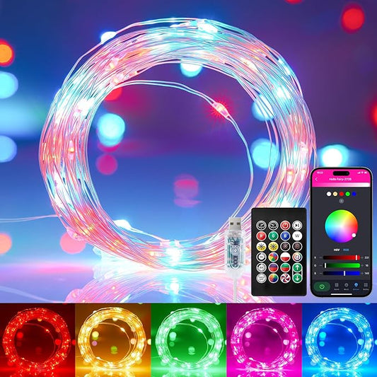 Minetom Fairy Lights Color Changing, 33ft 100 LED USB RGB String Lights with Remote & APP Controlled, Music Sync Fairy Lights for Bedroom, Christmas String Lights for Indoor Decoration