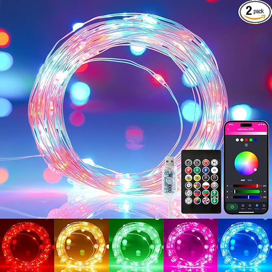 Minetom Smart Fairy Lights Color Changing, 2Pack Total 66FT 200 LED USB RGB String Lights with Remote & APP Control, Music Sync Fairy Lights For Bedroom, Twinkle Christmas String Light for Indoor Tree