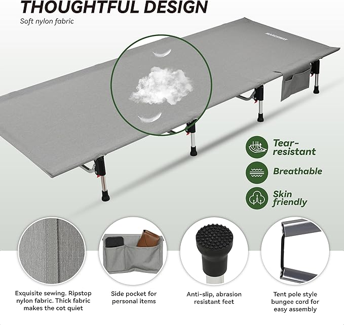 MARCHWAY Lightweight Folding Tent Camping Cot Bed with Lever Lock, Easy Setup Portable Compact for Outdoor Travel, Hunting, Hiking, Motorcycling, Support 330Lbs (Grey)