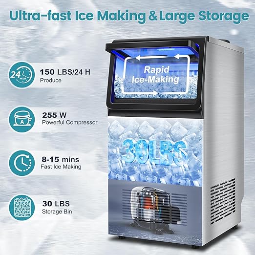 Commercial Ice Maker Machine 150LBS/24H, Dual Water Inlet Options, Stainless Steel Air Cooled Freestanding/Under Counter Ice Maker Smart LCD, Self-Cleaning, Quiet for Home, Bar, Restaurant