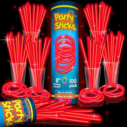 PartySticks Red Glow Sticks - 100pk, 8 Inch Glow in The Dark Light Up Sticks - Party Favors, Decorations, Necklaces and Bracelets with Connectors