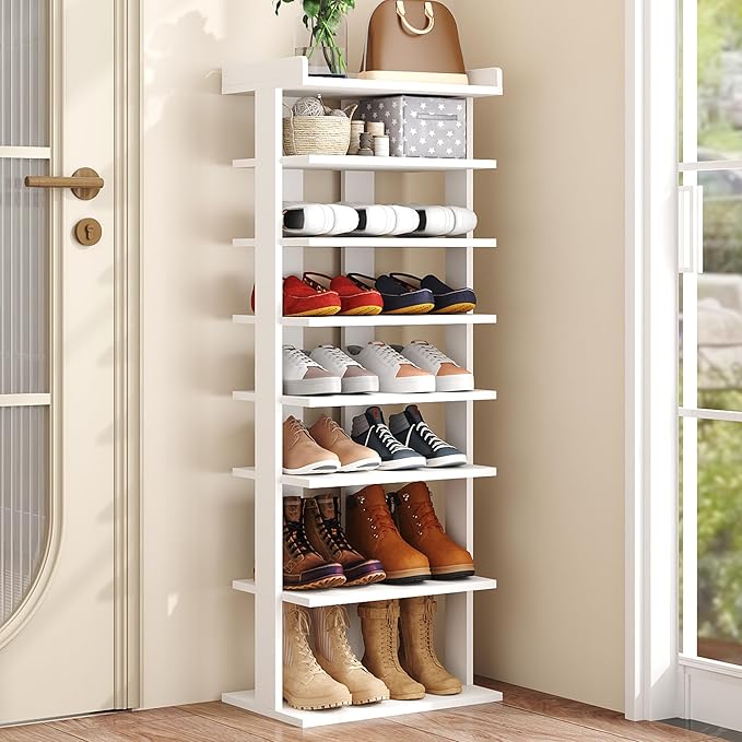 HOMEFORT 7-Tier Wood Shoe Rack, Double Rows 7-Tier Shoe Shelf, Shoe Storage Stand, Entryway Shoe Tower, Vertical Shoe Organizer Perfect for Narrow Closet, Entryway, Hallway, Bedroom in White