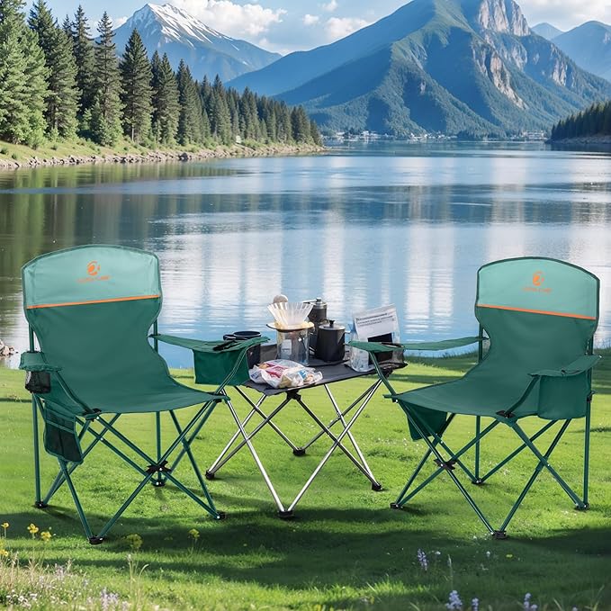 LET'S CAMP Camping Chair 2 Pack Folding Chair with 3-Can Cooler Bag Portable Lawn Chair with Cup Holder,Storage Pocket, Supports 225LBS, Collapsible Chair for Camp, Beach, Picnic (Green)