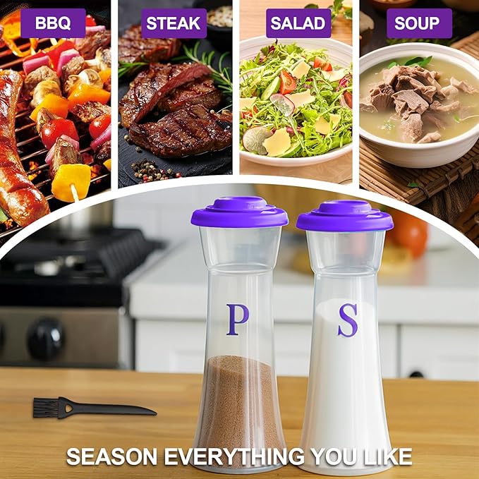 Set of 2 Clear Salt and Pepper Shakers, Plastic Spice Jars with Colorful Lids, Leakproof Moisture-Proof for Home Kitchen Restaurant, Camping, Travel, Picnic (Purple)
