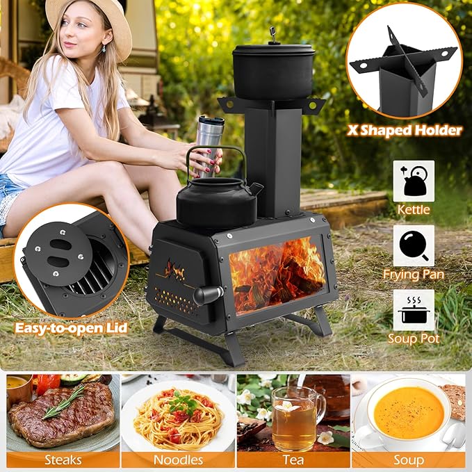 Camping Wood Stove, Portable Wood Burning Stove wtih X-shaped Pot Holder, Glass-Ceramic Window & Carbon Bridge, Tabletop Fire Pit Stove for Outdoor Cooking, Heating, Hunting & Ice Fishing
