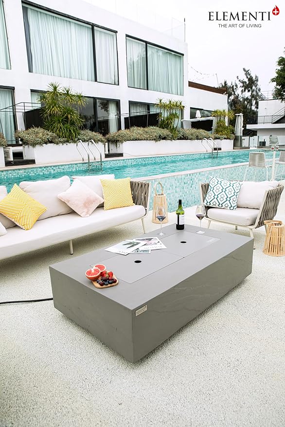 Elementi+ | Bundle Meteora Gas Fire Pit Cast Concrete 56" Rectangular Fire Table, Outdoor Fire Pit Electronic Ignition | Canvas Cover, Fire Glass and Burner Lid Included | Light Gray | Propane Gas
