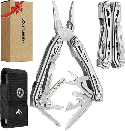 FLISSA 16-in-1 Stainless Steel Multi Tool, Gift for Dad, EDC Multitool with Pocket Knife, Pliers, Belt Clip and Oxford Sheath, Self-locking Utility Multi-Tool for Camping Survival Outdoor