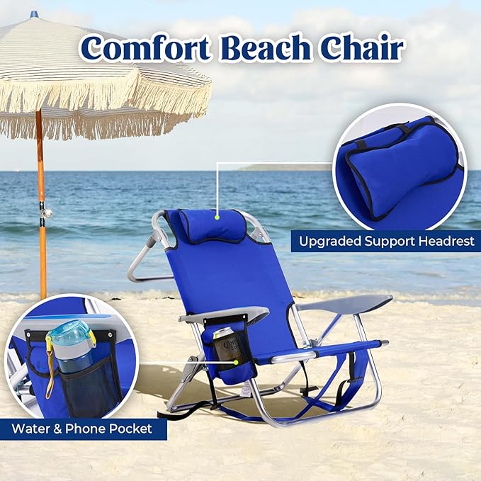 2 Pack Lightweight Portable Camping Beach Chair for Adults, Outdoor Lay Flat Folding Beach Chairs with 5 Positions, Backpack Beach Chair with Towel Bar, Zipper Pouch, Cup Holder, Blue