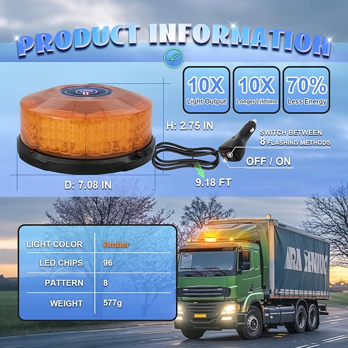 Amber Beacon Light, 96-LED Emergency Magnetic Beacon Light, 7" Magnetic Strobe Lights Rooftop Warning Caution Flashing Lights for 12V-24V Vehicles Trucks Service Tractor Forklifts Snow Plow