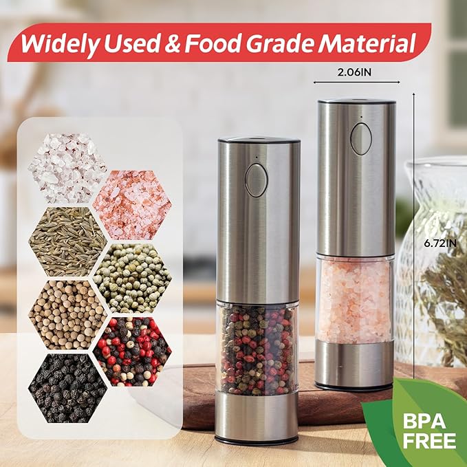Electric Salt & Pepper Grinder Set (2 Pack) – USB Rechargeable, Adjustable Coarseness, One-Handed Operation with LED Light – Automatic Spice Mill Shaker for Kitchen, Dining, or Camping