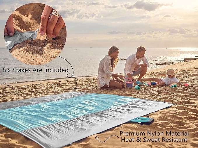 WEKAPO Beach Blanket Sandproof Waterproof, Extra Large Beach Mat, Oversized & Compact Sand Free Mat Quick Drying, Lightweight & Durable with 6 Stakes & 4 Corner Pockets