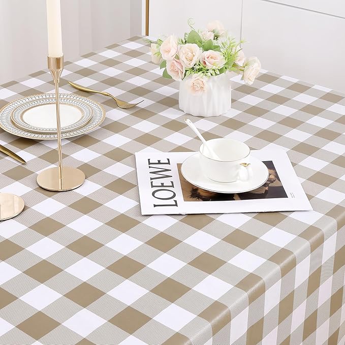 misaya 2 Pack Waterproof Vinyl Table Cloth, Buffalo Flannel Backed Tablecloth, Wipeable Plastic Table Cover for Dinner, Kitchen, Outdoor (60" x 84", Khaki & White)