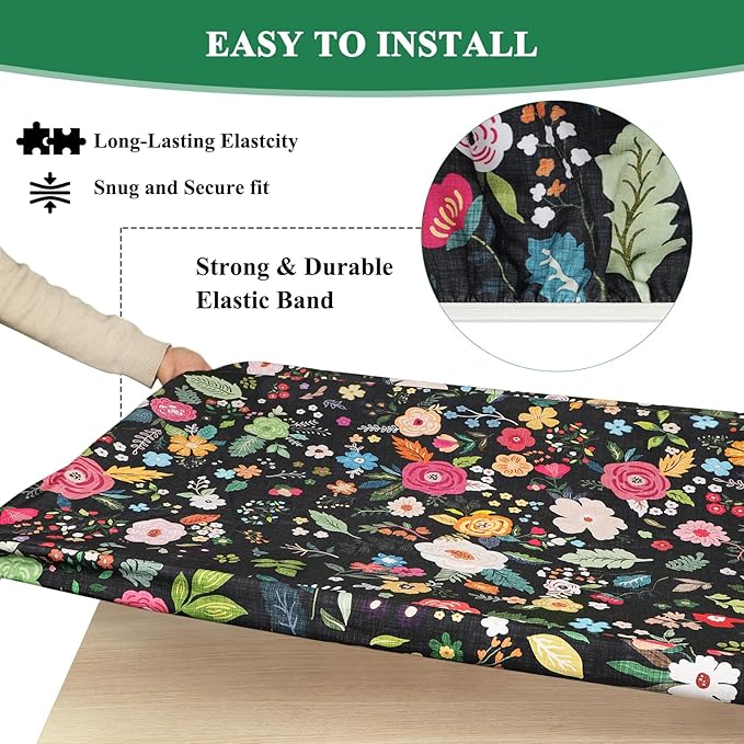 famibay 3 Piece Picnic Table Cover and Bench Covers Black Floral Polyester Camping Tablecloth, Windproof Reusable Fitted Picnic Table Covers with Elastic(12”x72+30”x72”)
