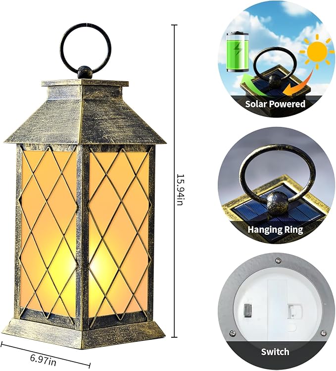 18" Solar Lantern with Flickering Flame Light, Large Outdoor Waterproof Solar Lanterns Hanging Metal Decorative Lantern for Patio Front Porch Garden Yard Outside Tabletop Mothers Day Gifts Grandma