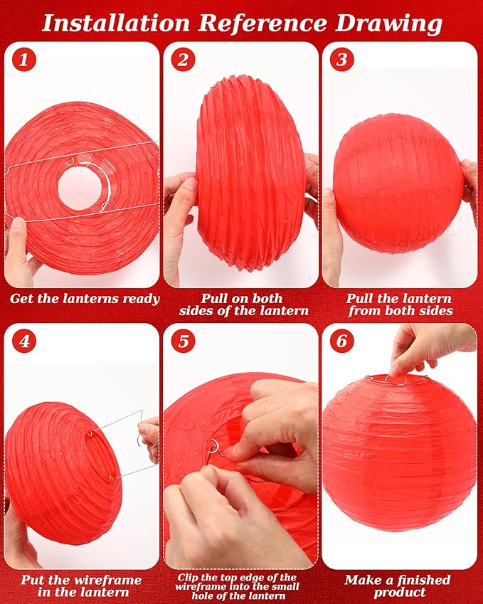 Treela 48 Pcs Paper Lanterns Party Decorations Chinese Round Paper Lanterns 4/6/8/10 Inch Asian Hanging Lamps Decorative for Birthday Party Supplies(Red)