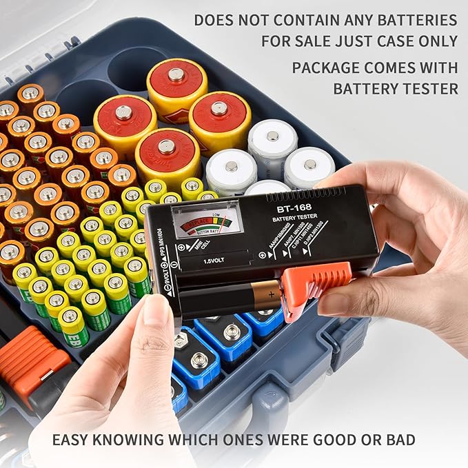 Battery Organizer Storage Holder Box Case with Tester- 269 Batteries Double-Sided Variety Pack, Holds AA AAA 4A C D Cell 9V 3V Lithium LR44 CR2 CR123 CR1632 18650 Button- Blue (Box Only)
