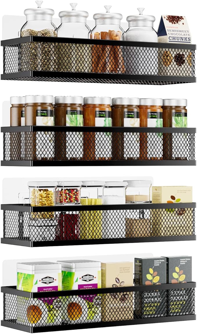 Spice Rack Wall Mount, 4 Pack Pantry Door Organizer & Hanging Storage Baskets Organizer Wall Mount, Large Capacity Metal Spice Shelf for Kitchen Cabinet, Pantry Doors, Bathroom, Shower, Home Decor