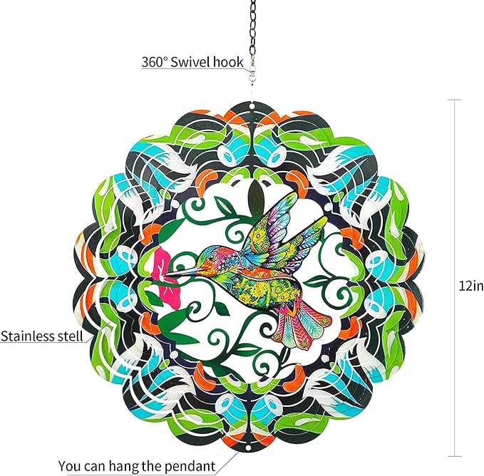 Hummingbird Metal Wind Spinners - Hummingbird Gifts for Women Mom Grandma Wife, Hanging Wind Spinner for Outdoor & Indoor Decorations, 12 inch for rnament