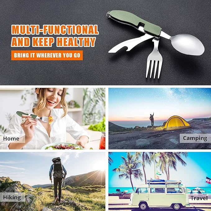 HIKENTURE Camping Utensils 2 Pack, 4-In-1 Stainless Steel Spoon Fork Knife Set Backpacking Travel Cutlery Metal Multitool Boy Scout(Green 2pack)