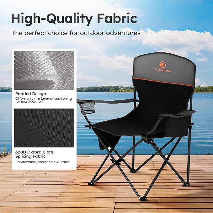 LET'S CAMP Camping Chair 2 Pack Folding Chair with 3-Can Cooler Bag Portable Lawn Chair with Cup Holder,Storage Pocket, Supports 225LBS, Collapsible Chair for Camp, Beach, Picnic (Black)
