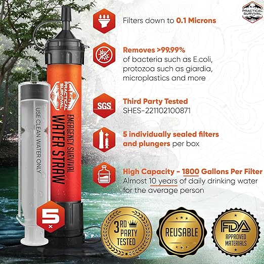 5 High-Capacity Emergency Water Straws – Lightweight, Reusable, 1800-gallon Filters for Camping, Hiking, Travel, Biking, Survival, and Emergencies. No Expiration Date, Perfect for preparedness