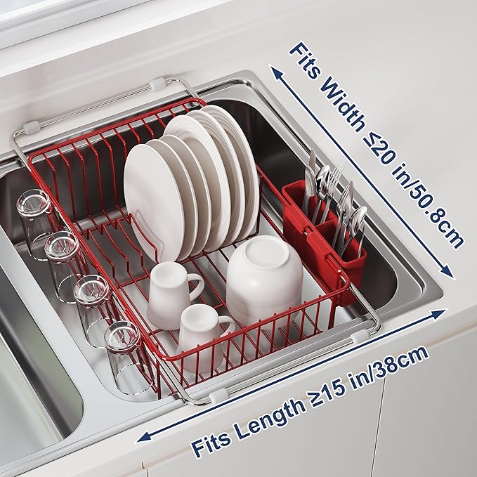 Dish Drying Rack in Sink, Red Dish Dryer Racks Over Sink, Dishes Drainers for Kitchen Sink, Stainless Steel Plates Drying Rack with Utensil Holder & Cups Holder