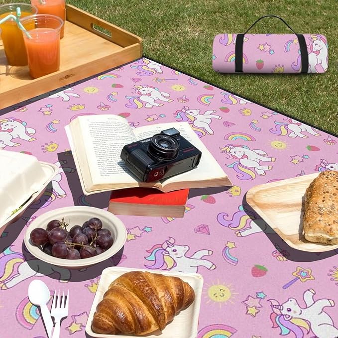 Extra Large Picnic Outdoor Blanket 80''x80'' Pink Unicorn Waterproof and Sandproof Picnic Mat for Beach Foldable Camping Accessories for Grass Lawn Park