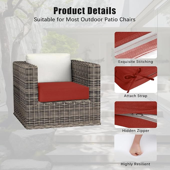 Favoyard Outdoor Chair Cushion 22 x 22 x 3 Inch Rainproof & 3-Year Fade Resistant Patio Furniture Cushions with Removable Cover and Adjustable Ties for Garden Sofa Couch Pads Set of 2, Red