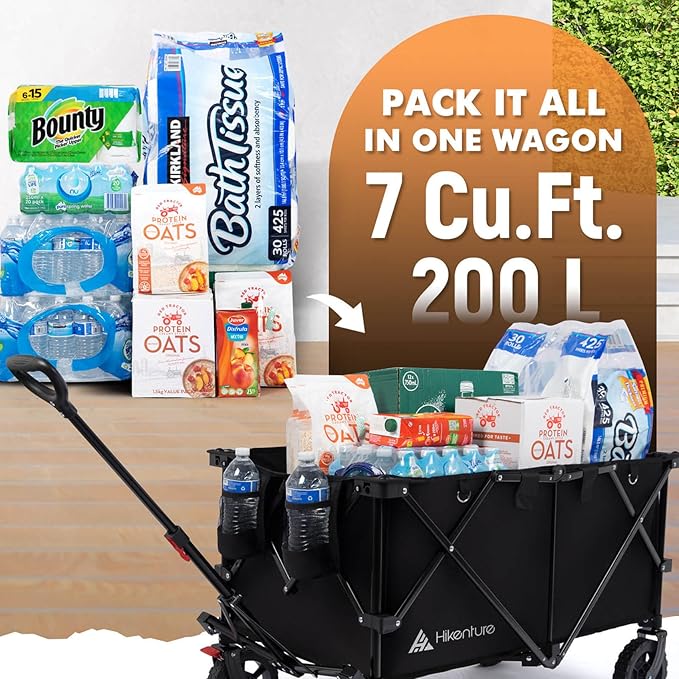 Hikenture Collapsible Wagon 330LBS Capacity, 200L Extra Large Wagons Carts Foldable, Heavy Duty Folding Wagons with All-Terrain Wheels, Utility Beach Cart for Outdoor Garden, Black