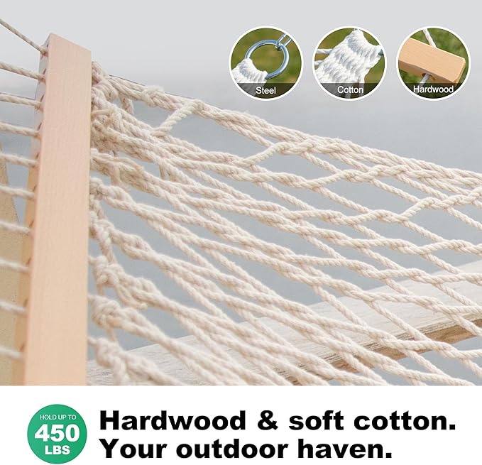 12ft Double Hammocks, Handwoven Traditional Cotton Rope Hammock with Hardwood Spreader Bar, Chains and Hooks for Indoor Outdoor, Max 450 lbs Capacity (Beige, Full)