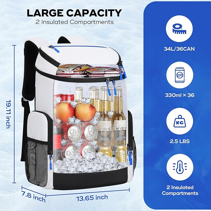 Maelstrom Backpack Cooler,36 Can Cooler Backpack,Soft Cooler Bag Insulated Leakproof,Lightweight Ice Chest Backpack,Travel Cooler Lunch Backpack for Camping,Hiking,Beach,White