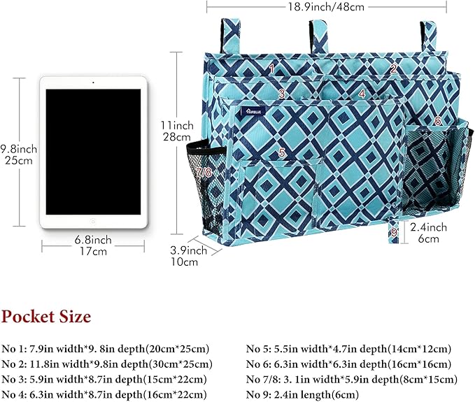 Surblue Bedside Caddy Hanging Bed Organizer Storage Bag Pocket for Bunk and Hospital Beds, College Dorm Rooms Baby Bed Rails, Camp 8 Pockets, (Large, Blue Plaid)