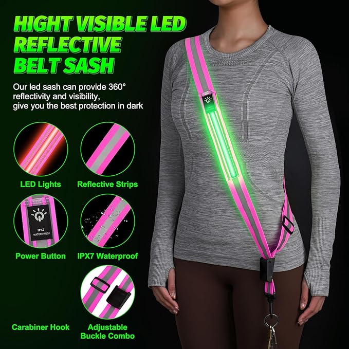 LED Running Gear High Visibility Reflective Belt Sash, Adjustable Night Walking Safety Gear, Rechargeable Light Up Running Reflective Belt for Runners Walkers Men Women
